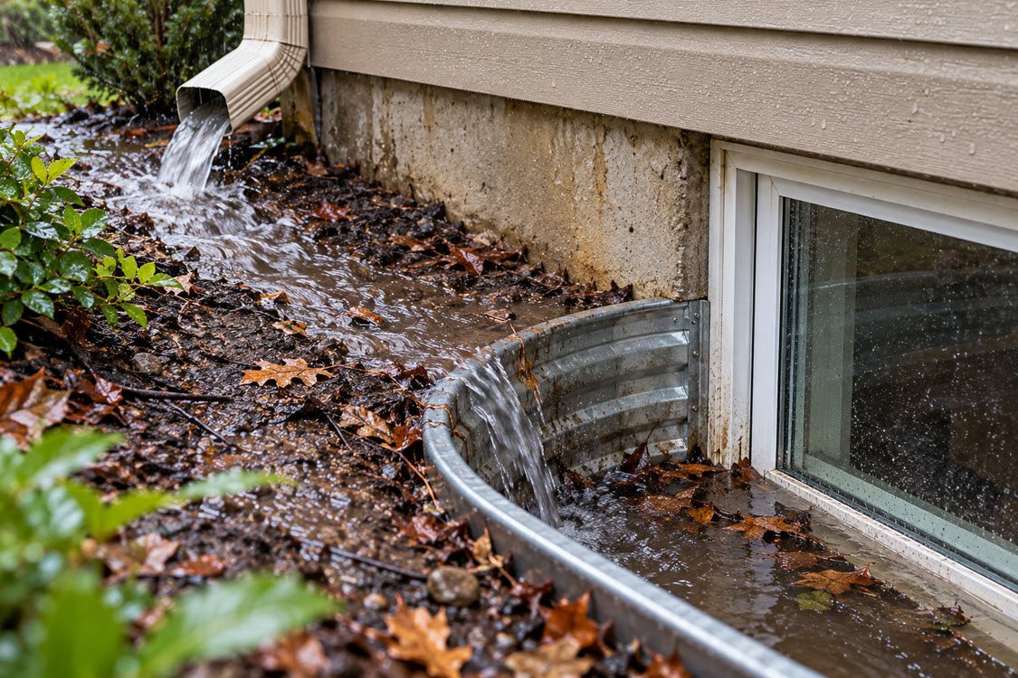 Downspout and sloped grading sending water toward a basement window well