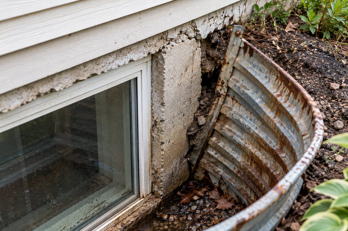 Rusted metal window well pulling away from a foundation