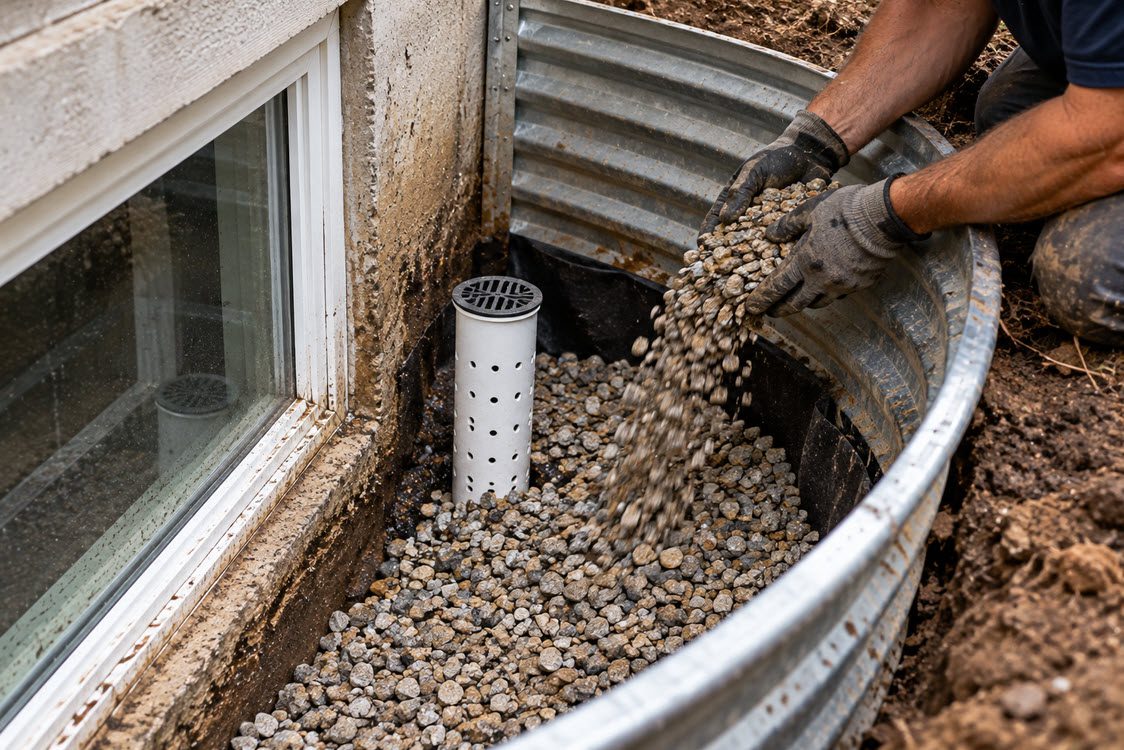 Window well drain pipe set in clean gravel at the bottom of a well