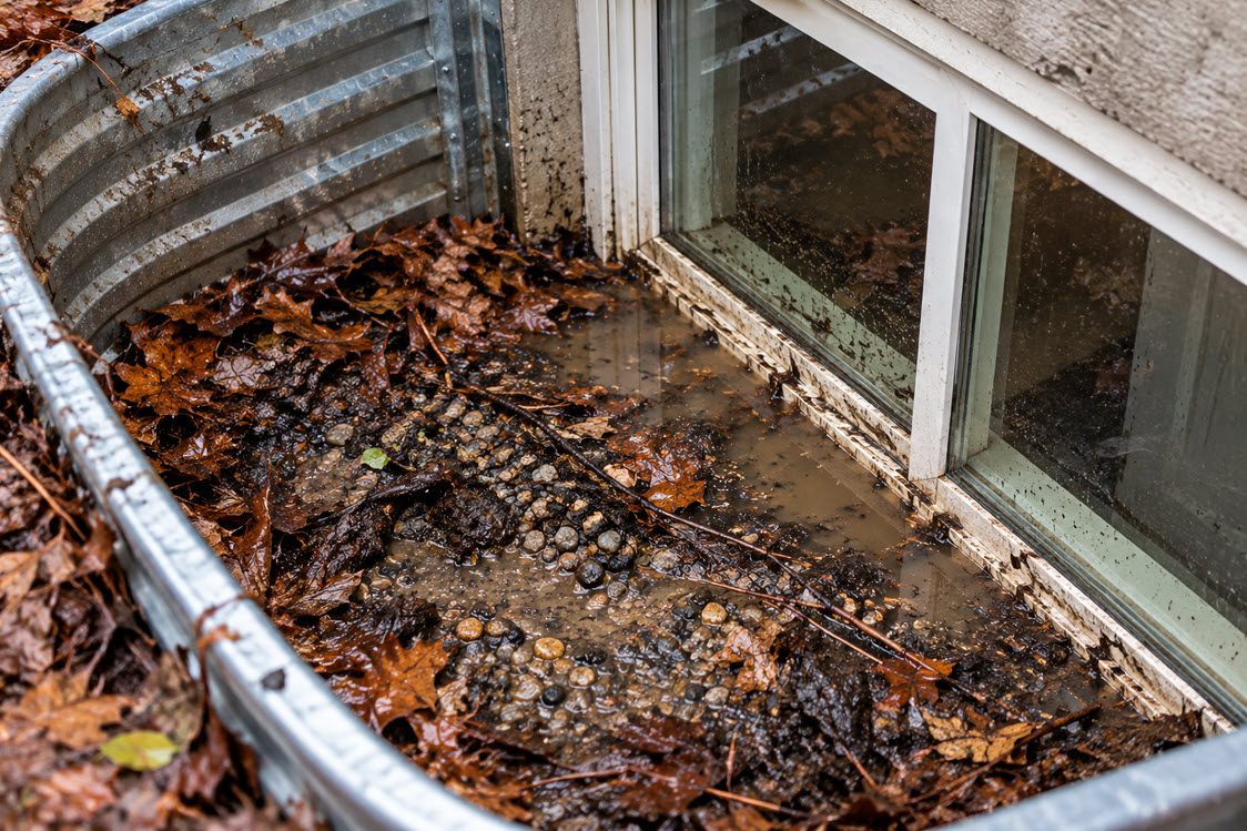 Basement window well filled with standing water and leaves