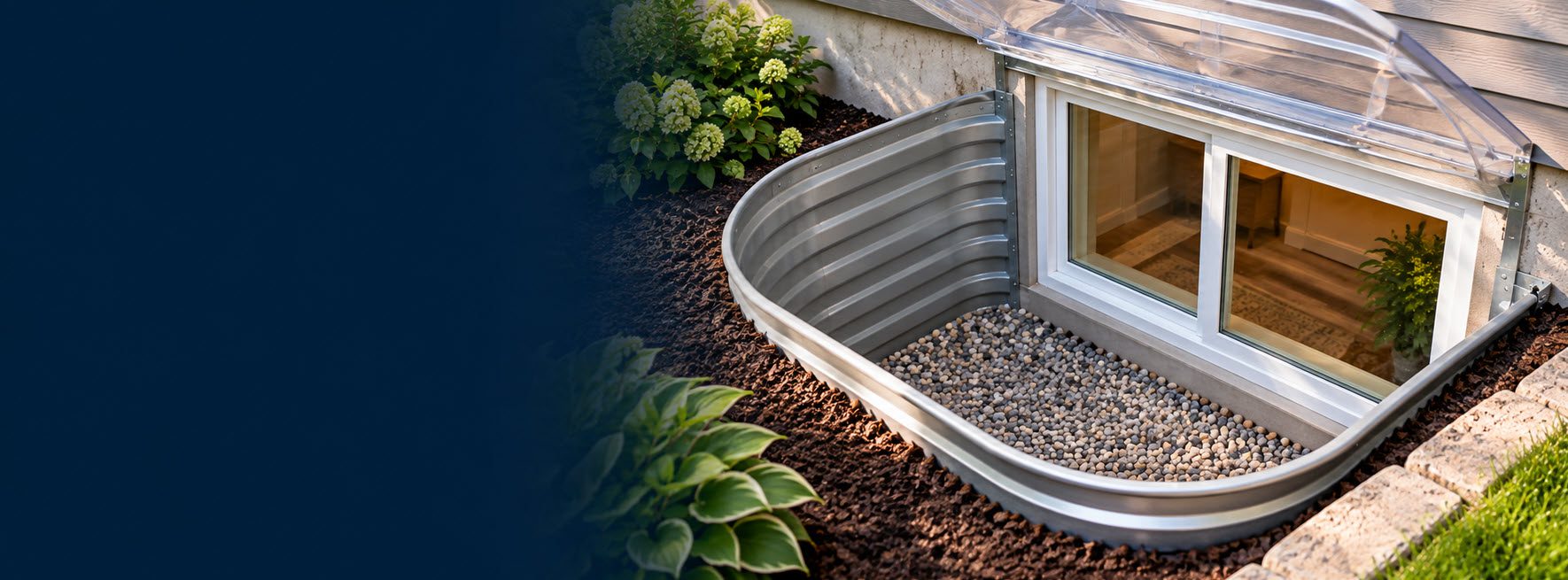 Clean, well-drained basement window well outside a Southeastern Wisconsin home