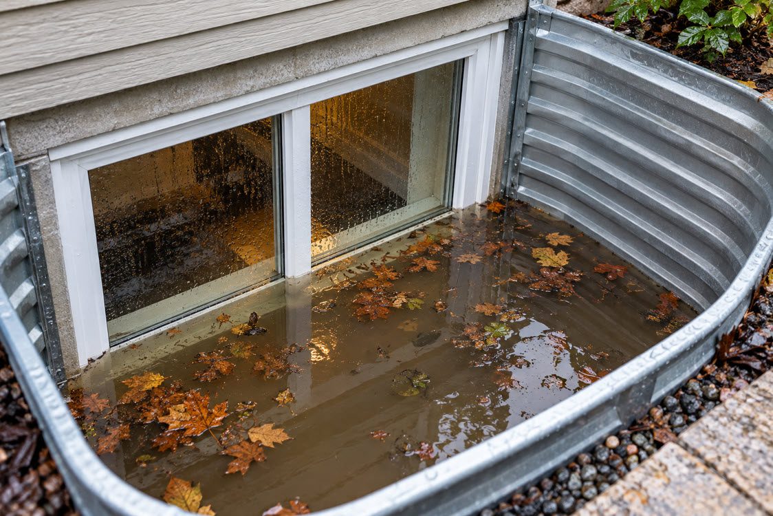 Window well filled with standing water after heavy rain