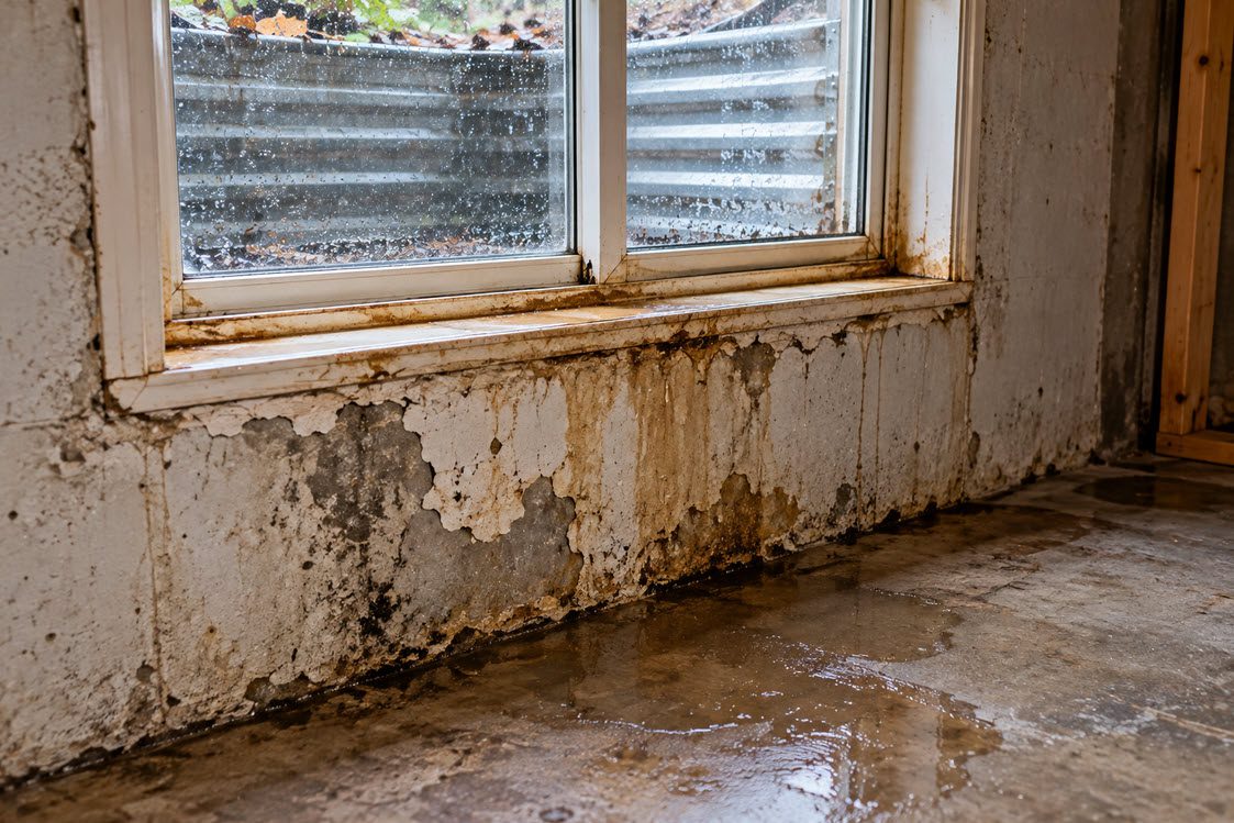 Water stains and peeling paint below a leaking basement window