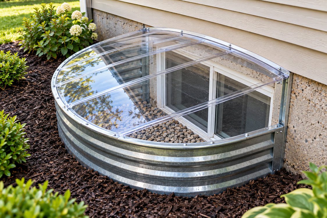 New galvanized window well with a clear cover installed beside a home
